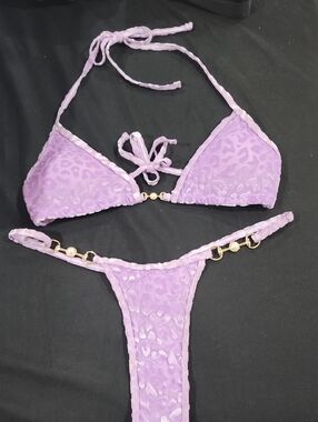 Lilac Animal-Print Triangle Bikini Set - Women's Swim